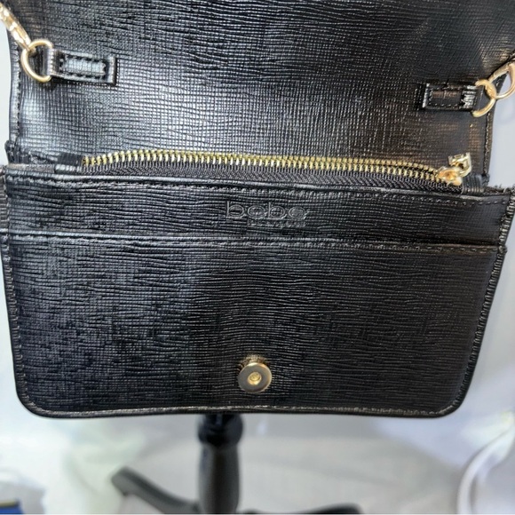 Bebe Black Los Angeles Snap Logo Embossed Crossbody Faux Leather and Chain Bag - Picture 3 of 14